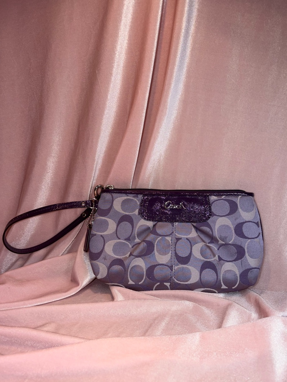 Vintage Authentic Coach Signature Silk Wristlet | Purple & Gray Logo Print
